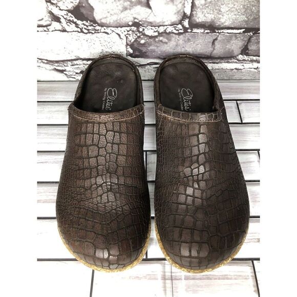 Elite By Walking Cradles Brown Leather Croc Comfort SlipOn Cork Clogs Women Sz 8 - Picture 13 of 16